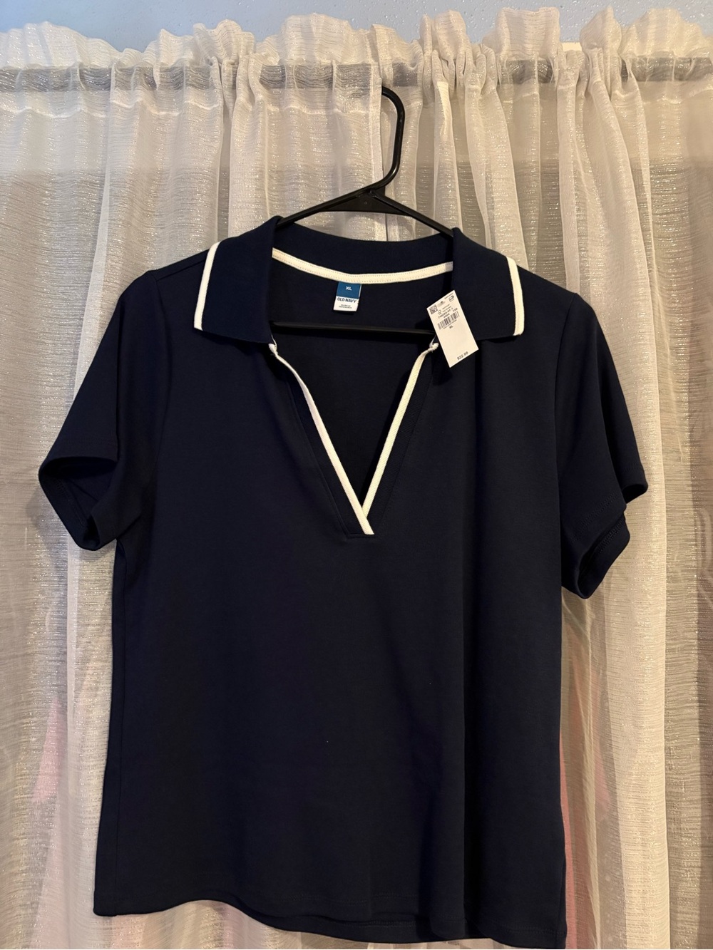 Navy Polo V-Neck Top with White Trim